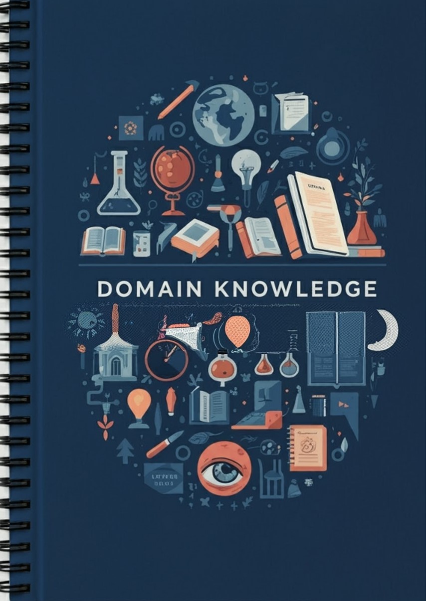 dark blue notebook with various knowledge iconograghy 